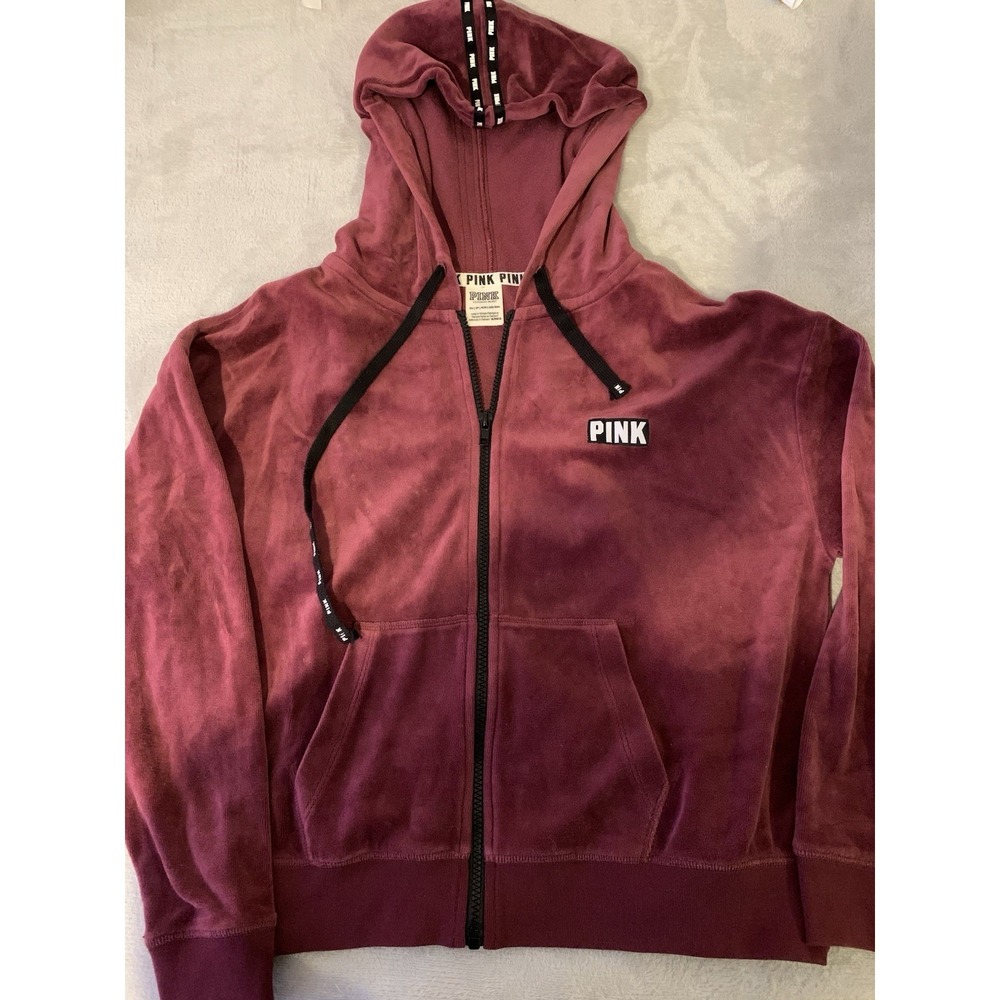 Victoria's Secret Pink Velour Velvet Maroon Full Zip Hoodie Track Top Size XS